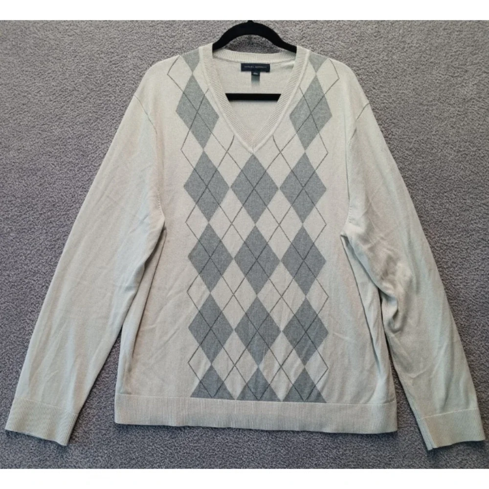 Banana Republic Argyle V-Neck Sweater Men XL‎ Beige Silk Cashmere